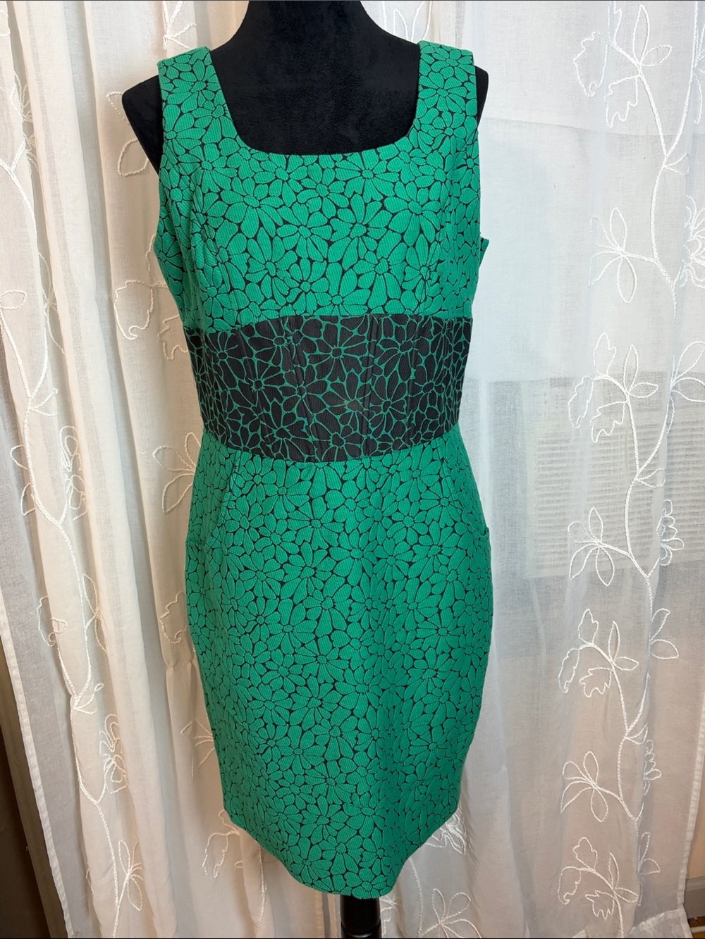 Maeve Green and Black Floral Sheath Dress with Black Waistband 12